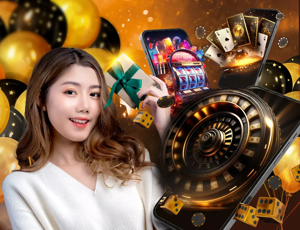 A cheerful woman presenting a gift box amidst vibrant casino imagery, embodying the rewards of Lawinplay register.