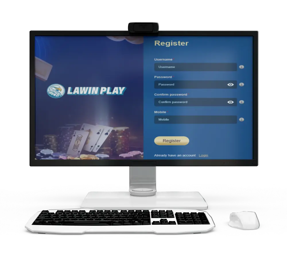A desktop computer displaying the Lawinplay register page, inviting users to sign up and join the online casino fun.